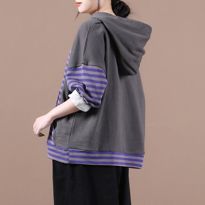 Handmade hooded patchwork shirts women Work purple striped shirt - SooLinen
