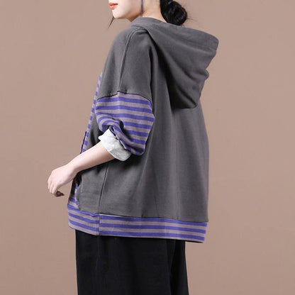 Handmade hooded patchwork shirts women Work purple striped shirt - SooLinen