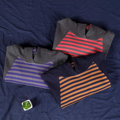 Handmade hooded patchwork shirts women Work purple striped shirt - SooLinen