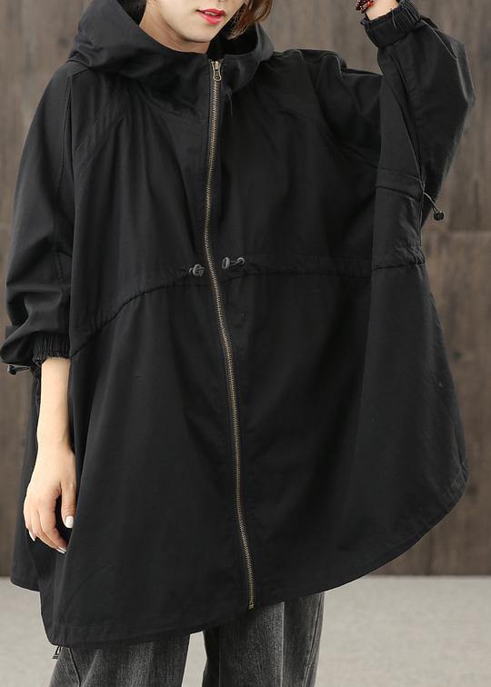 Handmade hooded zippered tops women blouses Work black shirt - SooLinen