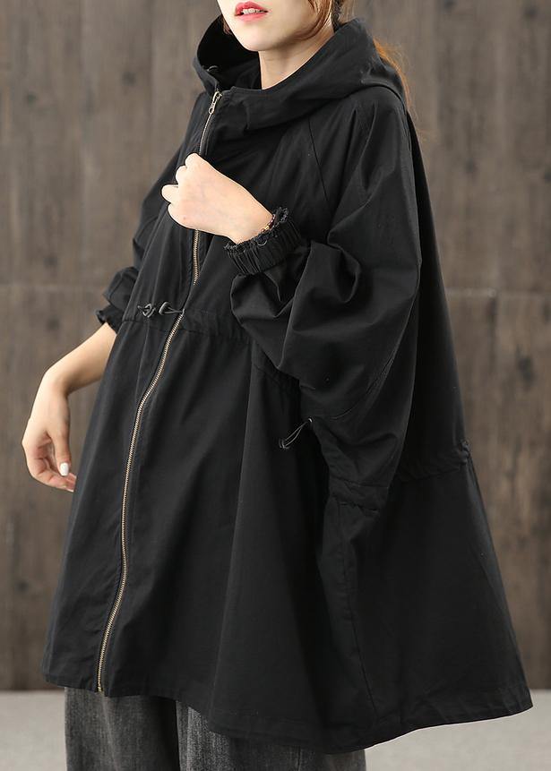 Handmade hooded zippered tops women blouses Work black shirt - SooLinen