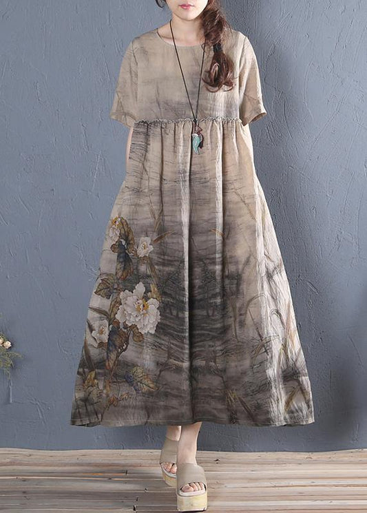 Handmade khaki print cotton dress o neck short sleeve Dresses summer Dress - SooLinen