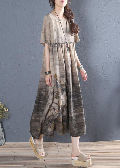 Handmade khaki print cotton dress o neck short sleeve Dresses summer Dress - SooLinen