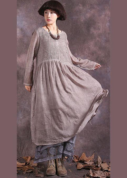 Handmade khaki Cinched cotton linen quilting clothes long sleeve long summer Dress - SooLinen