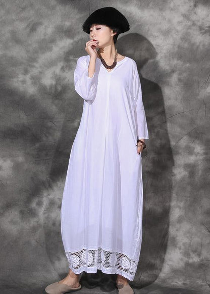 Handmade lace hem cotton dresses linen white v neck Dresses summer - SooLinen