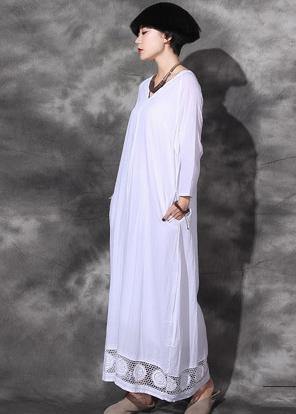 Handmade lace hem cotton dresses linen white v neck Dresses summer - SooLinen