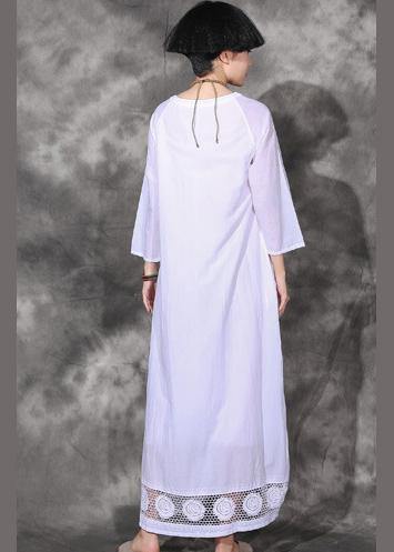 Handmade lace hem cotton dresses linen white v neck Dresses summer - SooLinen