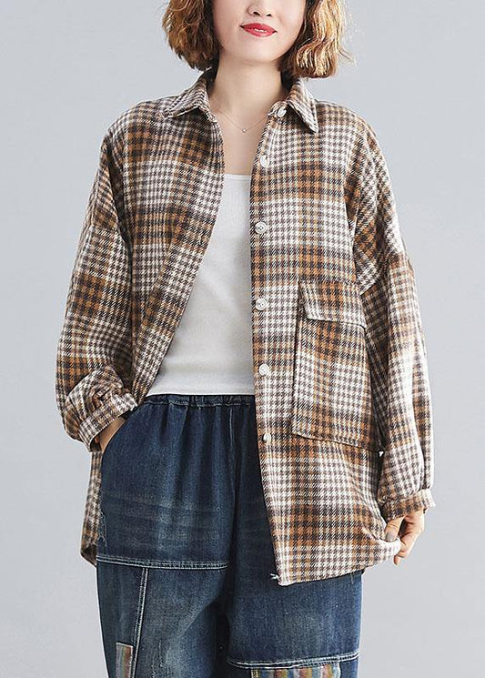 Handmade lapel Batwing Sleeve linen Long Shirts khaki plaid Knee top - SooLinen