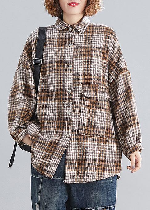 Handmade lapel Batwing Sleeve linen Long Shirts khaki plaid Knee top - SooLinen