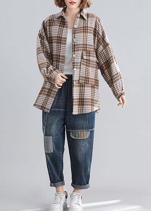 Handmade lapel Batwing Sleeve linen Long Shirts khaki plaid Knee top - SooLinen