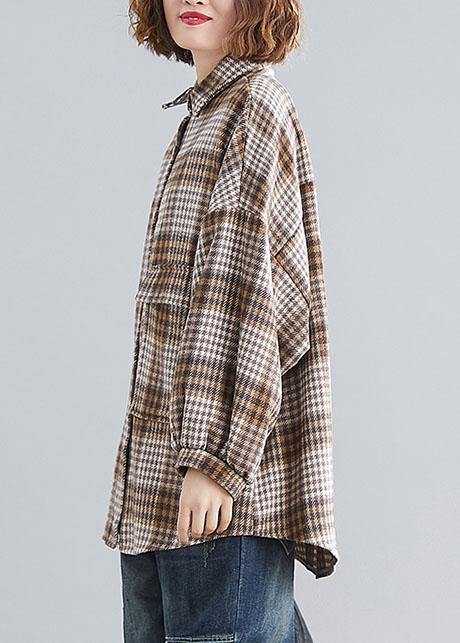 Handmade lapel Batwing Sleeve linen Long Shirts khaki plaid Knee top - SooLinen