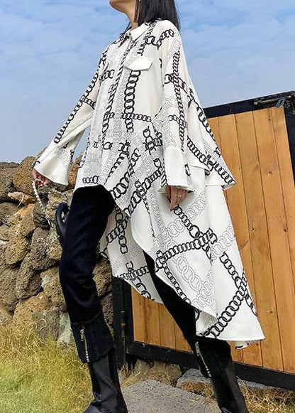 Handmade lapel asymmetric spring tunics for women white print loose shirt - SooLinen