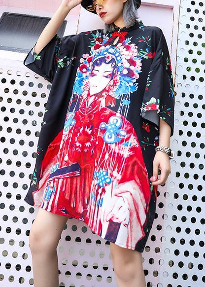 Handmade lapel half sleeve Cotton clothes For Women design black print Dresses summer - SooLinen