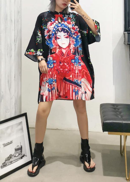 Handmade lapel half sleeve Cotton clothes For Women design black print Dresses summer - SooLinen