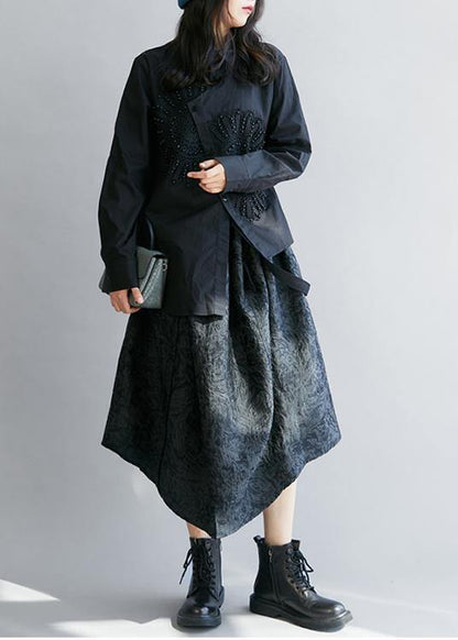 Handmade lapel hollow out clothes Fashion Ideas black top - SooLinen