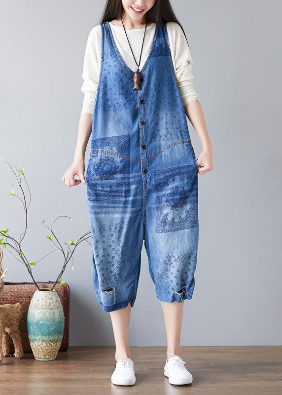 Handgemachte hellblaue Taschen V-Ausschnitt Print Jumpsuit Frühling