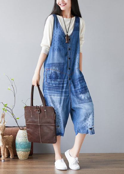 Handgemachte hellblaue Taschen V-Ausschnitt Print Jumpsuit Frühling