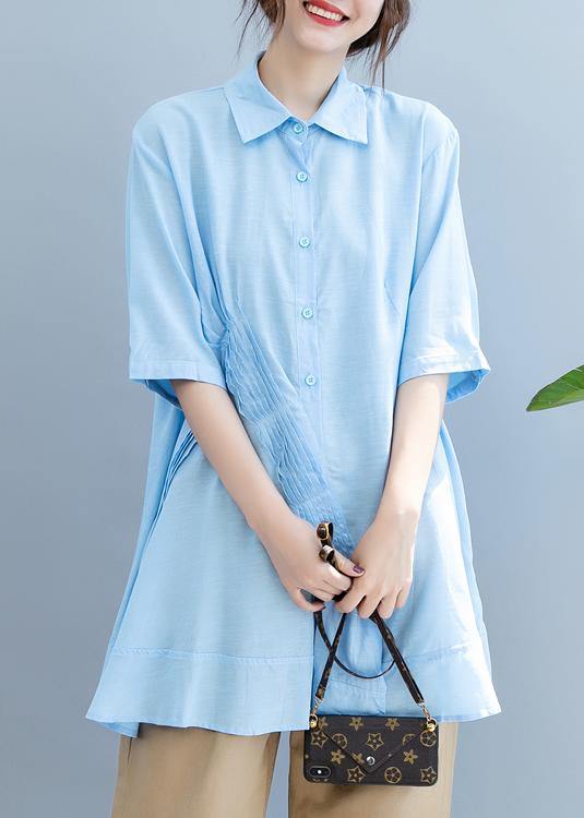 Handmade light blue Blouse lapel half sleeve Midi blouses - SooLinen