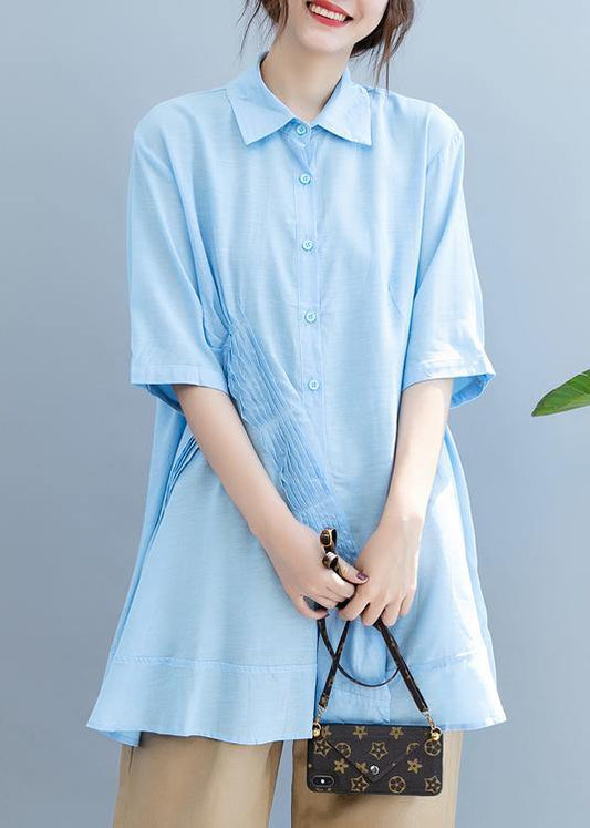 Handmade light blue Blouse lapel half sleeve Midi blouses - SooLinen