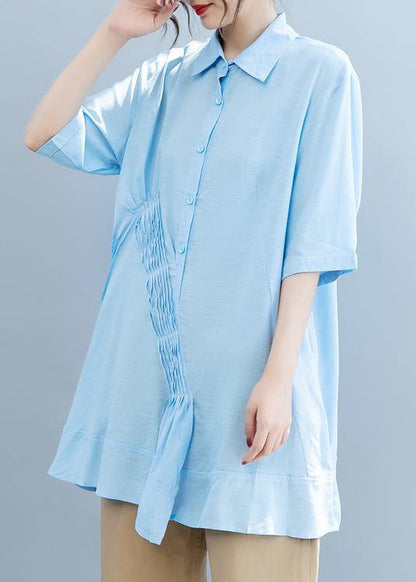 Handmade light blue Blouse lapel half sleeve Midi blouses - SooLinen