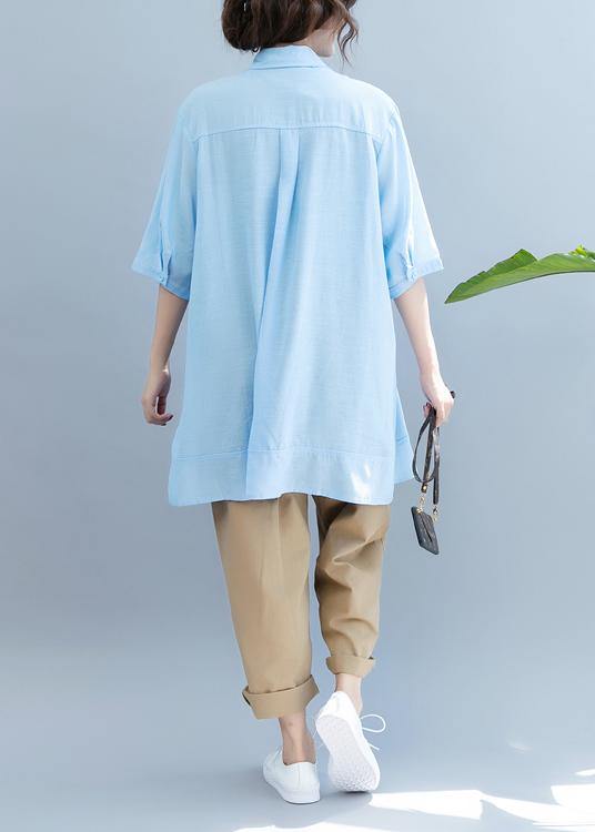 Handmade light blue Blouse lapel half sleeve Midi blouses - SooLinen
