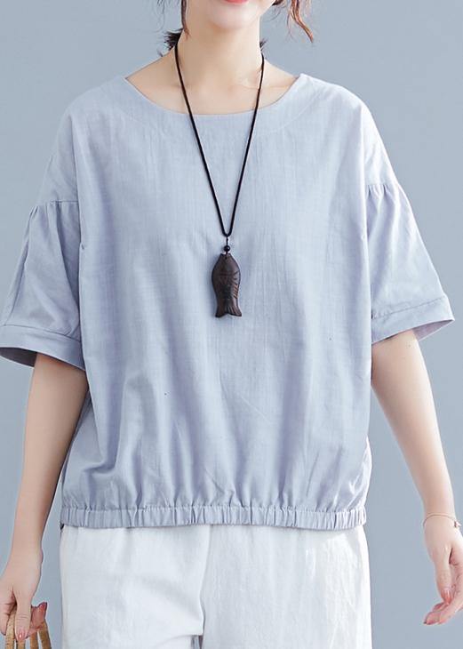 Handmade light gray cotton linen shirts women o neck half sleeve summer tops - SooLinen
