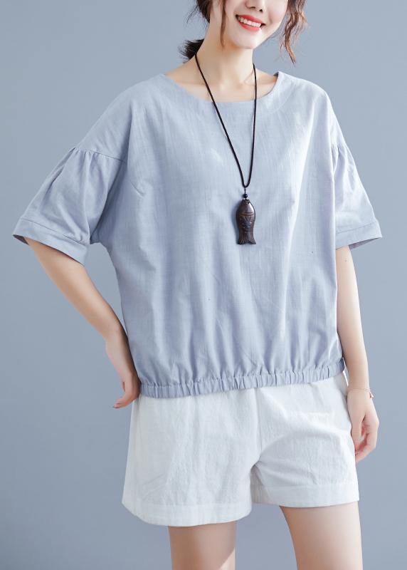 Handmade light gray cotton linen shirts women o neck half sleeve summer tops - SooLinen