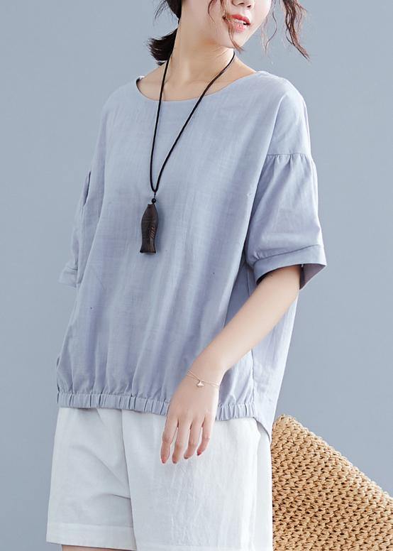 Handmade light gray cotton linen shirts women o neck half sleeve summer tops - SooLinen