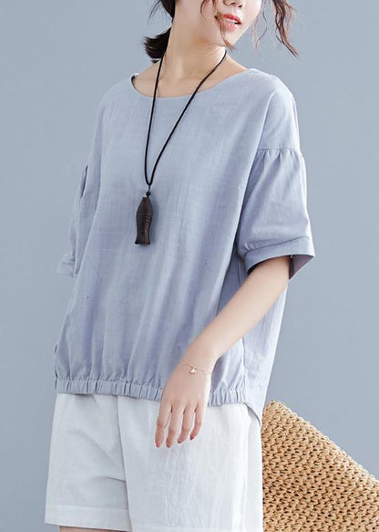 Handmade light gray cotton linen shirts women o neck half sleeve summer tops - SooLinen