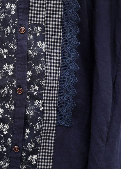 Handgemachte Leinen Roben Mode Retro Blau Splice Turn-down Kragen Leinen Kleid