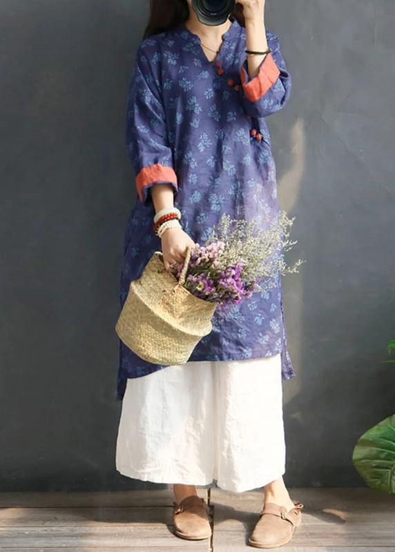 Handmade linen Robes Organic Retro Plant Print V-Neck Loose Ramie Blouse - SooLinen