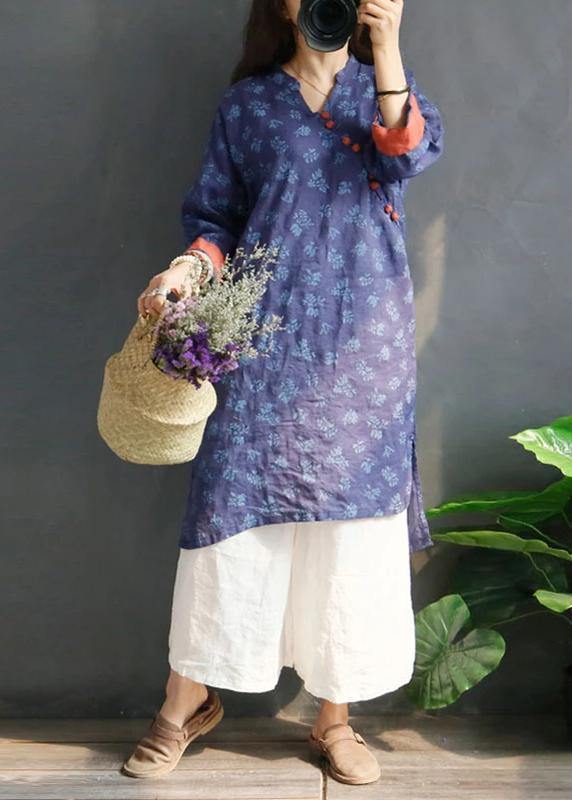 Handmade linen Robes Organic Retro Plant Print V-Neck Loose Ramie Blouse - SooLinen