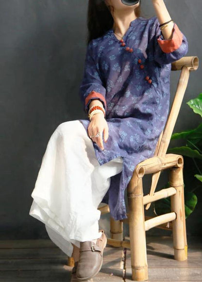 Handmade linen Robes Organic Retro Plant Print V-Neck Loose Ramie Blouse - SooLinen