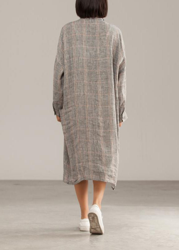 Handgemachte Leinenkleider 18. Jahrhundert Dunkelgrau Leinen kariert Lässiges Herbsthemdkleid