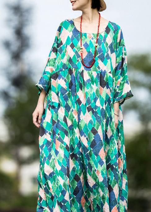 Handmade multicolor Plaid cotton clothes o neck tie waist Maxi summer Dresses - SooLinen