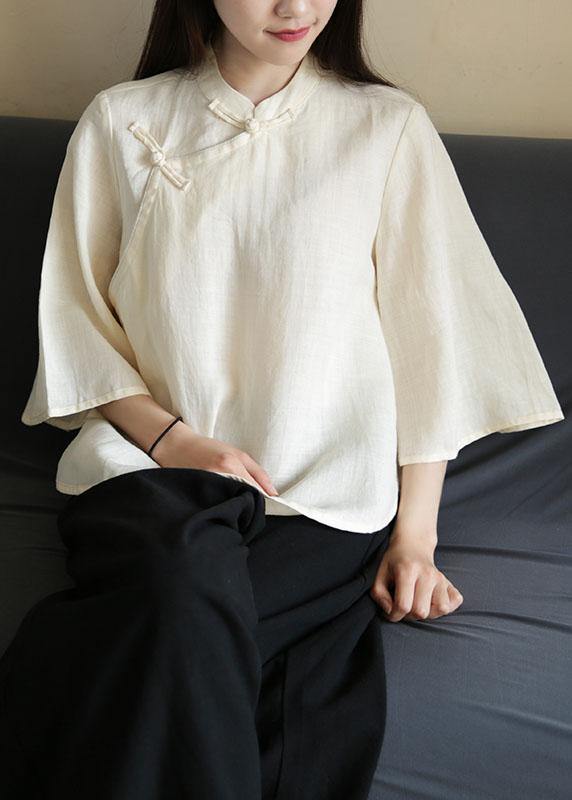 Handmade nude linen Blouse stand collar Chinese Button tunic shirts - SooLinen