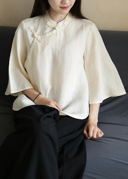 Handmade nude linen Blouse stand collar Chinese Button tunic shirts - SooLinen