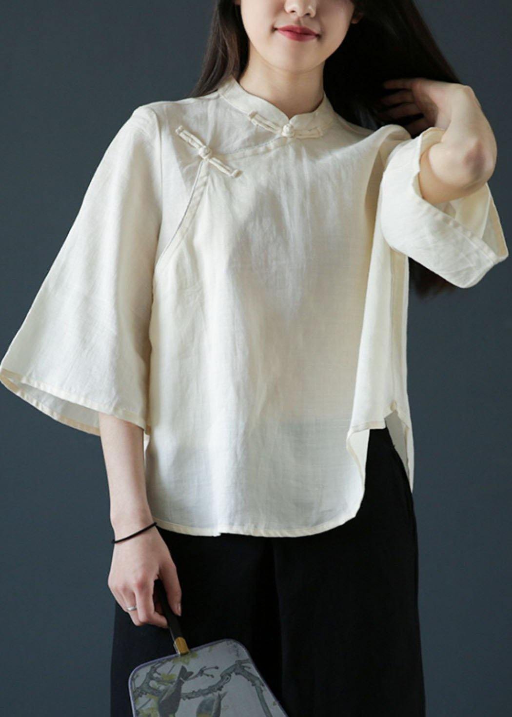 Handmade nude linen Blouse stand collar Chinese Button tunic shirts - SooLinen