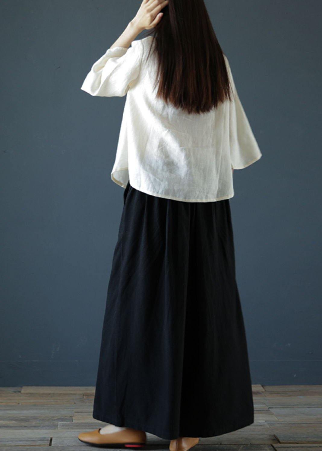 Handmade nude linen Blouse stand collar Chinese Button tunic shirts - SooLinen