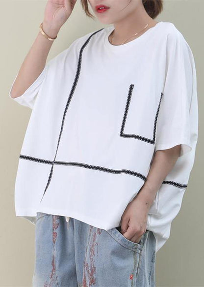 Handmade o neck Batwing Sleeve cotton summer top pattern white top - SooLinen