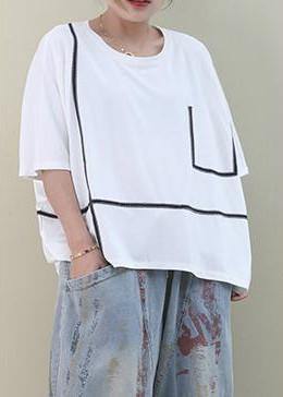Handmade o neck Batwing Sleeve cotton summer top pattern white top - SooLinen