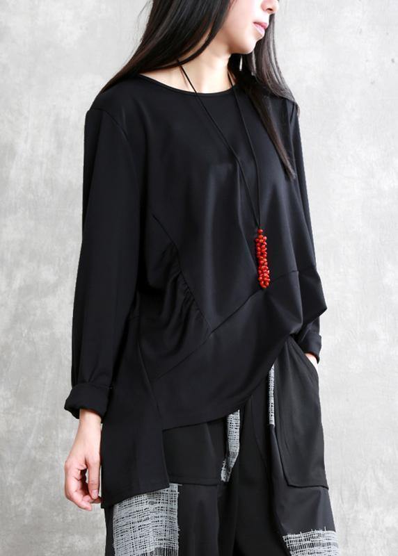 Handmade o neck asymmetric cotton tunic top Shirts black top - SooLinen