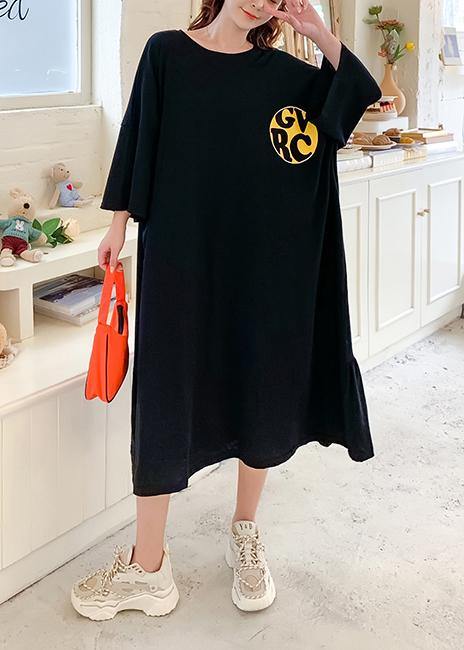 Handmade o neck baggy dress Runway black Cartoon print Traveling Dress - SooLinen