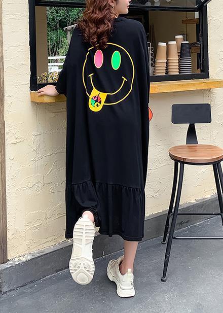 Handmade o neck baggy dress Runway black Cartoon print Traveling Dress - SooLinen