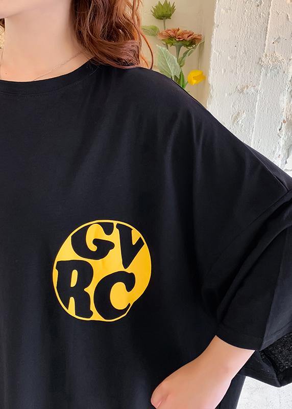 Handmade o neck baggy dress Runway black Cartoon print Traveling Dress - SooLinen