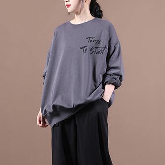 Handmade o neck baggy fall clothes For Women design dark gray Letter top - SooLinen