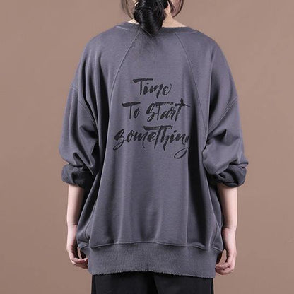 Handmade o neck baggy fall clothes For Women design dark gray Letter top - SooLinen