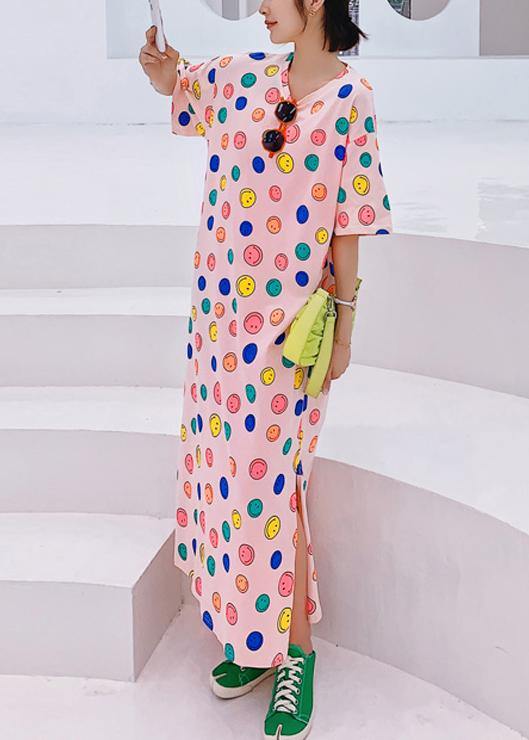 Handmade o neck clothes Women Neckline pink Smiley print Plus Size Dresses - SooLinen