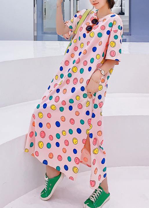 Handmade o neck clothes Women Neckline pink Smiley print Plus Size Dresses - SooLinen