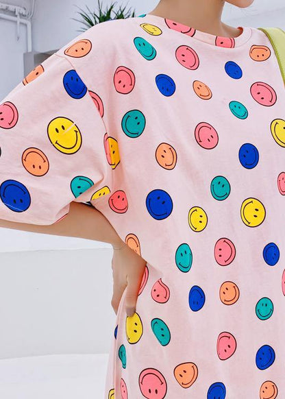 Handmade o neck clothes Women Neckline pink Smiley print Plus Size Dresses - SooLinen